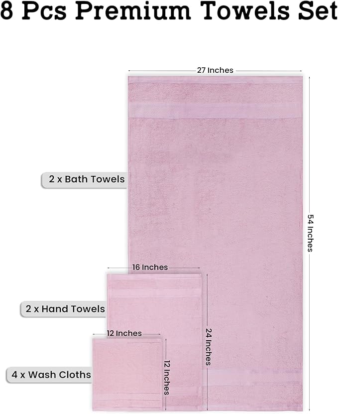 Casa Lino Bath Towel Set of 8 (2 Bath Towels, 4 Wash Cloths & 2 Hand Towels for Bathroom) - 100% Cotton - Highly Absorbent & Quick Dry - Guest Room Essentials for Bathroom Set - (Blush Pink)