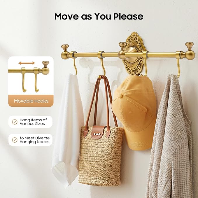 TFCFL Wall Mounted Towel Rack with 4 Hooks, Vintage Gold Brass Bathroom Organizer 14.17", H59 Brass for Bathroom & Kitchen