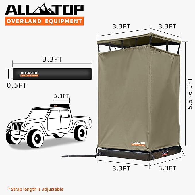 ALL-TOP Awning Shower Room w/Foldable Floor Mat, 3.3ft x 3.3ft, Privacy Shelter Restroom w/Roof, LED Light, Drain Pipe, Carside Bathroom