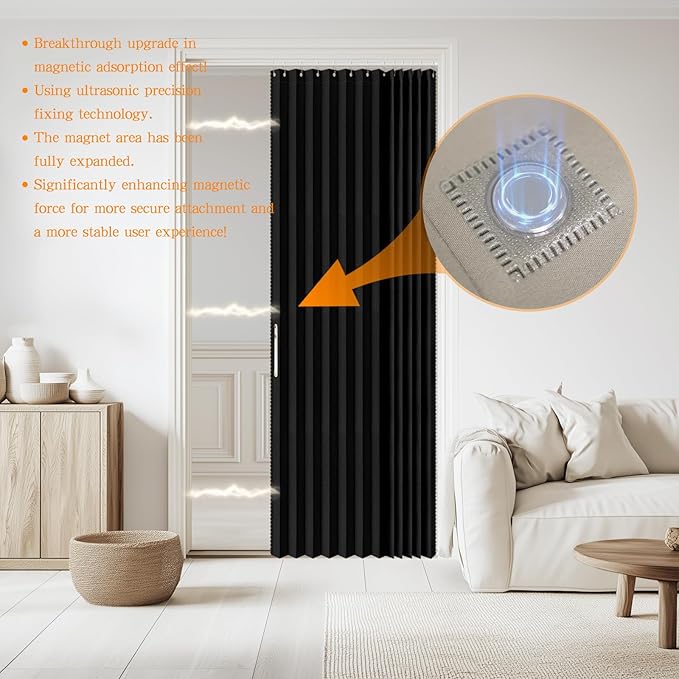 Accordian Door Curtain, 100% Blackout Folding Magnetic Doorway Curtains,Linen Style Closet Doors,for Room Divider,Privacy Protection（W52 x L78,Black,1 Panel）