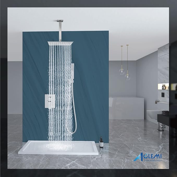 Aolemi Ceiling Mount Shower System Rain Shower Head with Handheld Spray High Pressure Shower Faucet Set Rough-in Valve Shower Trim Kit Included Bathroom Polish Chrome 16 Inch Ceiling Shower Head