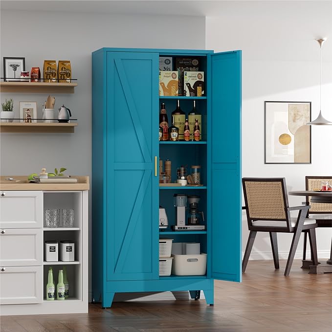 71" Metal Storage Cabinet - 5-Tier Heavy-Duty Pantry Cabinet with Adjustable Shelves & Barn Doors for Kitchen Garage,Blue