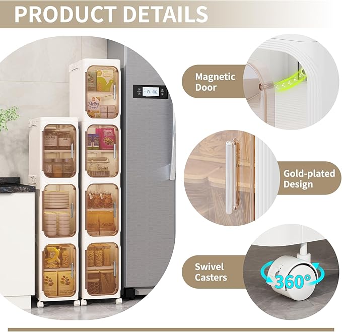 KHNR 4-Tiers Slim Bathroom Storage Cabinet, Foldable Storage Cabinets,Narrow Bathroom Storage,Movable Bathroom Storage Organizer for Small Spaces,Bathroom,Kitchen,Laundry,Cream White