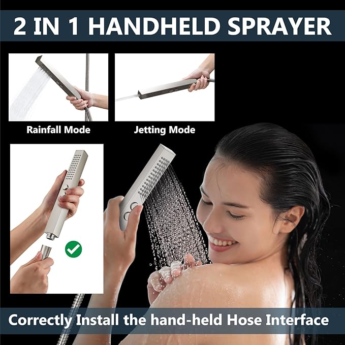 Aolemi Shower Faucet Set Ceiling Mount Shower System Rough-in Valve and Shower Trim Kit 12 and 6 Inch Dual Shower Head 2 in 1 Handheld Spray Push Button Diverter Brushed Nickel
