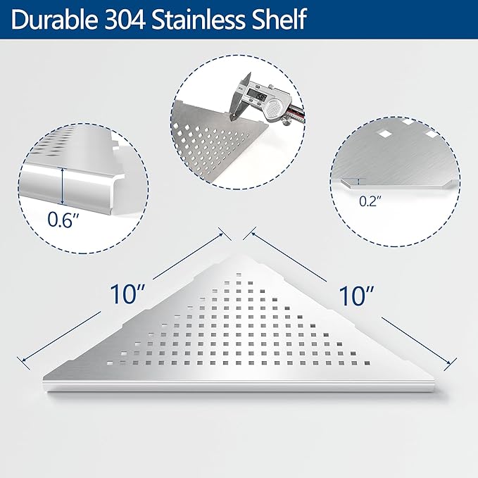 Neodrain 10 Inch Brushed Shower Shelves Corner Shelf for Tile Wall,304 Stainless Steel Corner Shower Shelves for Bathroom, Floating Corner Shelves for Shower Wall, No Drilling(Set of 2