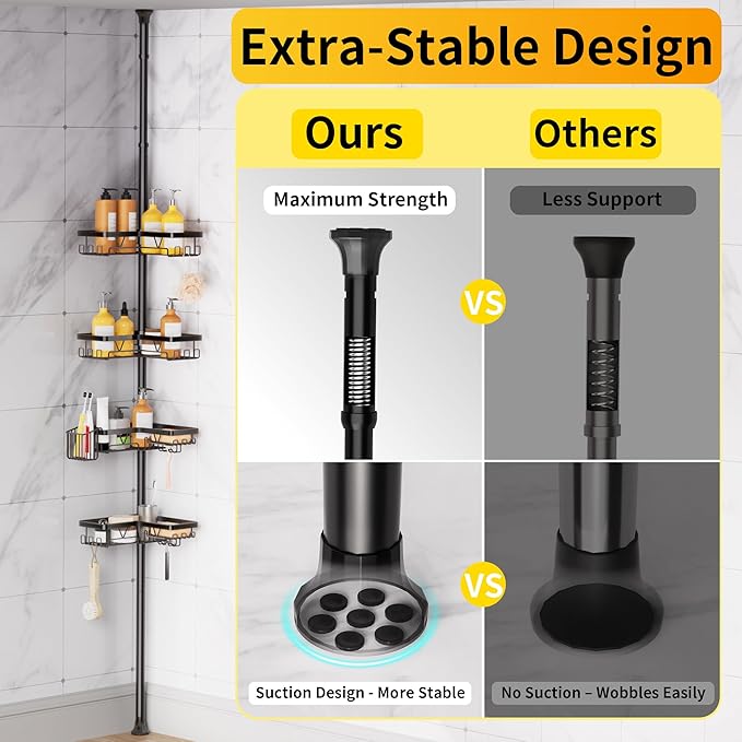 KEGII Corner Shower Caddy Tension Pole, Adjustable Bathroom Organizer Shelf with Toothbrush Holder, Floor to Ceiling Shower Organizer 25-114.2 Inch, Bathtub Storage Rack for Renters, Family