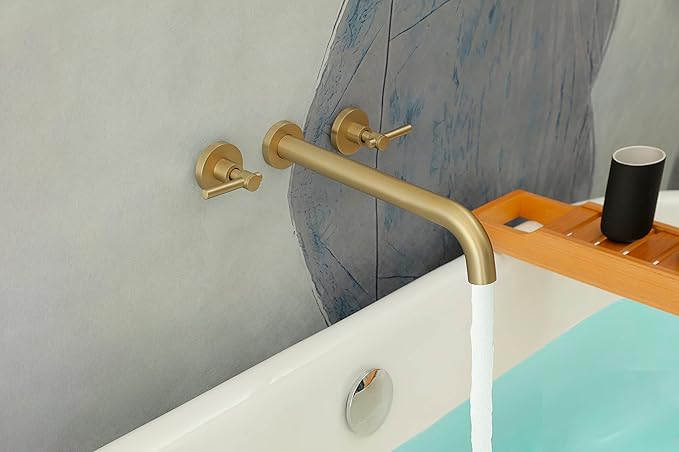Wall Mount Tub Filler,Two Handle Bathtub Wall Faucet,Extra Long Spout Reach with High Water Flow,Brass Rough in Valve Included,Gold Brushed