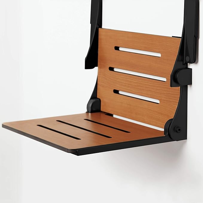 Seachrome Silhouette Comfort Folding Wall Mount Shower Bench Seat with Arms, Teak Seat with Matte Black Frame