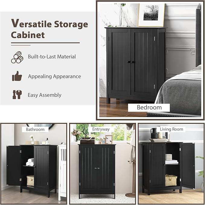 Tangkula Freestanding Storage Cabinet with Double Doors and Shelf, Modern Home Furniture, Wooden Home Organizer for Living Room, Bathroom Storage Cabinet (Black)