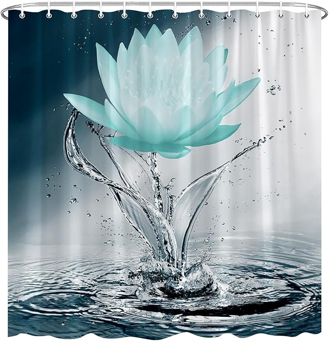 Lotus Shower Curtain Black White Blue Teal Flower Elegant Blooming Floral with Dew Spring Flower Reflection on Water Modern Romantic Polyester Fabric Bathroom Decor 70×84 Inch with Hook