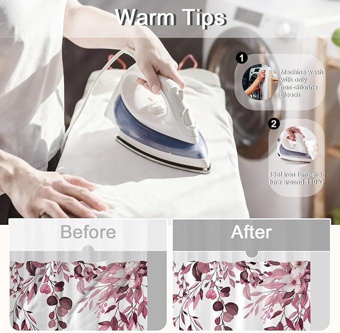 No Hook Shower Curtain and Liner Set, Dark Red Eucalyptus Floral Shower Curtains for Bathroom, Bath Curtain Sets with Snap in Liner, Waterproof with See Through Top Window, 71x74 Inches