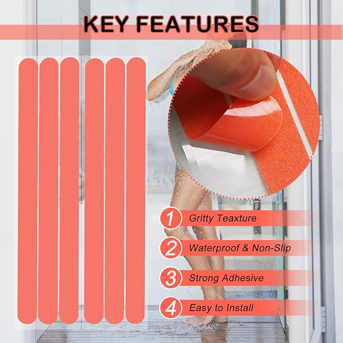 S&X Non Slip Bath Stickers,Gritty Textured Slip-Resistant Treads,0.75-Inch by 11-Inch,12 Strips Per Pack (Rosy)