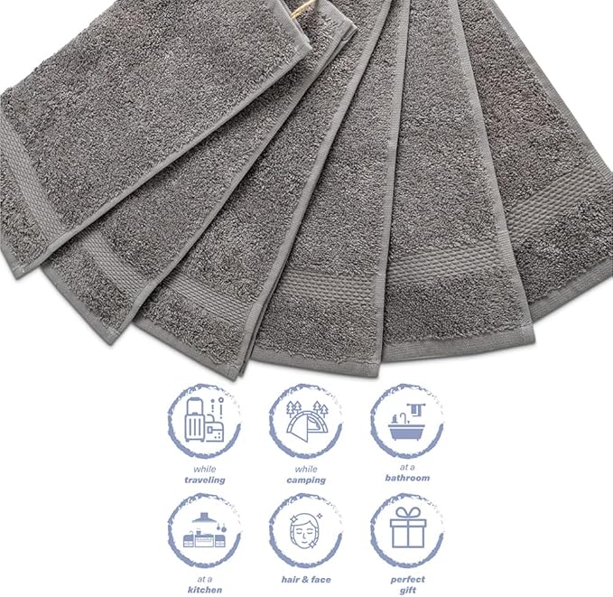 Hencely Premium 6-Pack Washcloths 12x12 Inches Soft Turkish Cotton High Absorbent and Quick Dry Dishtowel for Kitchen and Bath (Wash Cloth 6 Pack, Gray)