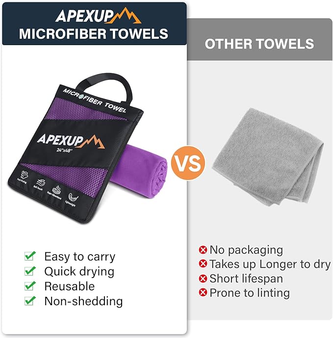 APEXUP Microfiber Travel Towel, Ultra Absorbent Quick Dry Towels, Lightweight Gym Sports Camping Towel for Workout, Yoga, Beach, Shower, Swimming (60"×30", Purple)