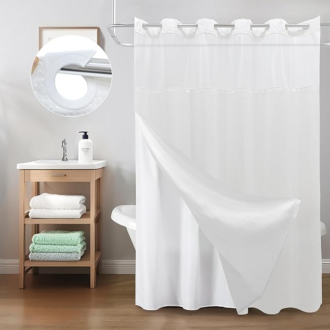 Inhousolu Stall No Hook Shower Curtain with Snap in Fabric Liner Set Waffle Weave 230GSM Weighted Hem, Waterproof & Washable Bathroom Curtain Spa Luxury with Mesh Top Window 60" W x 72" L White