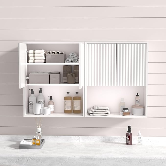 Fluted Bathroom Wall Cabinet Over The Toilet Storage,Wall Mounted Cabinet with Adjustable Shelf,Floating and Hanging Organizer,Kitchen and Laundry Room Storage (White-2 Pcs)