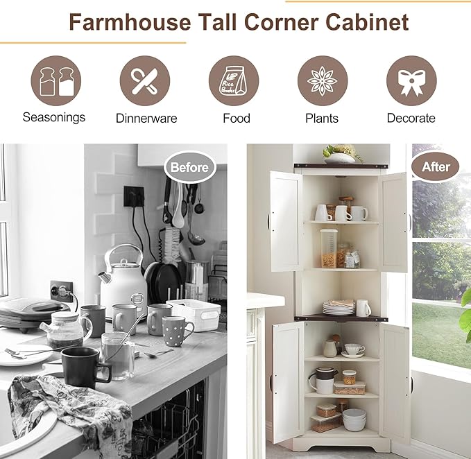 Tall Farmhouse Corner Cabinet with 4 Doors and Adjustable Shelves, Farmhouse Storage Cabinet with Barn Door Design, Home Space Saver for Living Room, Kitchen, Laundry Room (Antique White)