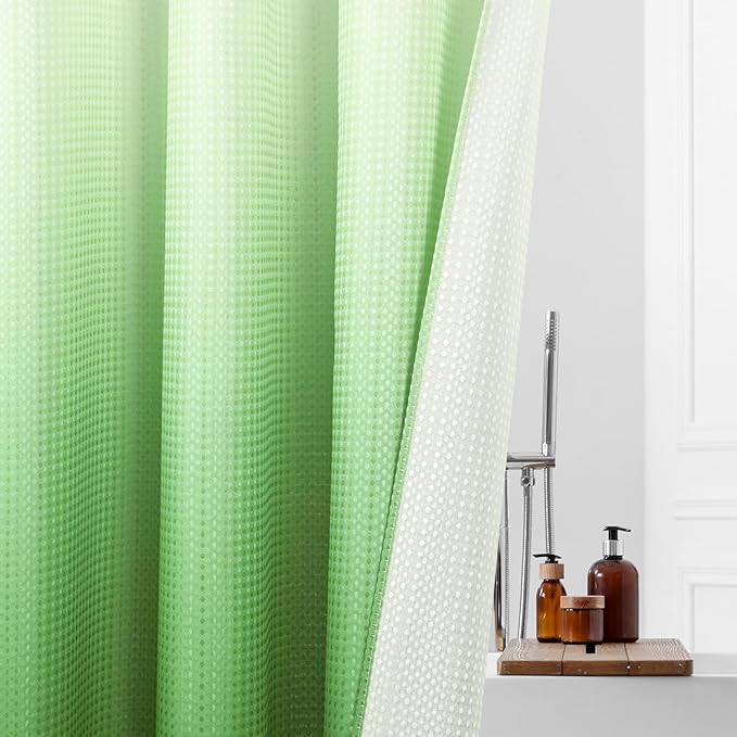 MitoVilla Emerald Green Ombre Waffle Small Stall Shower Curtain Liner Set 36 x 74, No Hooks Needed Half Size Narrow Fabric Cloth Shower Curtain Set with Snap-in Liner for Modern Bathroom Decor