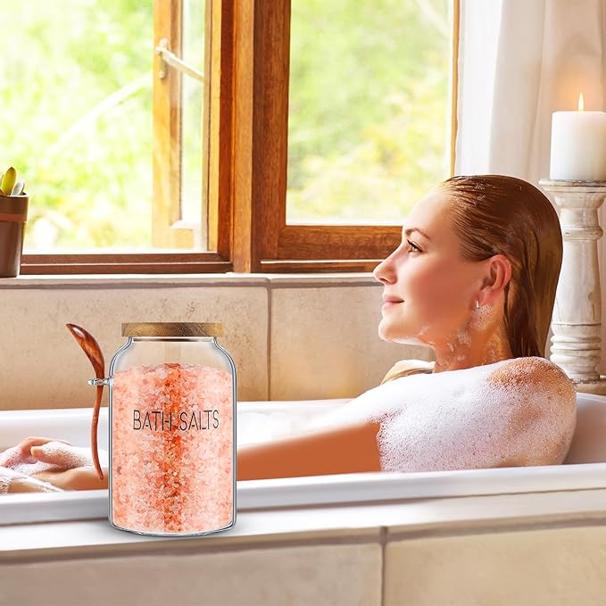 1 Piece 94 oz Bath Salts Glass Jar with Wooden Lid, Bath Salt Container with Scoop, Airtight Storage Bathtub Accessories for Women