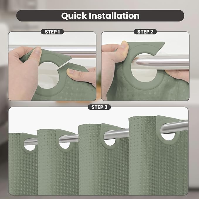 Inhousolu No Hook Waffle Weave Shower Curtain with Removable Snap in Fabric Liner Set for Bathroom, 230 GSM Heavy Duty Weighted Hem, Water Repellent Washable Bath Curtains, 72 x 78 Inch, Sage Green