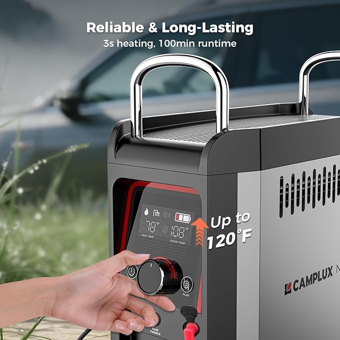 CAMPLUX Portable Water Heater for Camping Shower, Nano 3 Pro, 1 lb Portable Propane water heater w/Shower Pump, CSA Certified Safety, Max 100 Mins Runtime, 3s Instant Heat, Auto Safety Shutoff