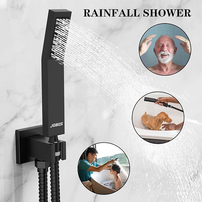 Shower System 12IN Modern Rain Brass Faucet Set With Valve and Diverter Shower Mixer With Handheld High Pressure Square Rainfall Shower Valve (12'' Wall Mount 4 Body Jet, Matte Black)