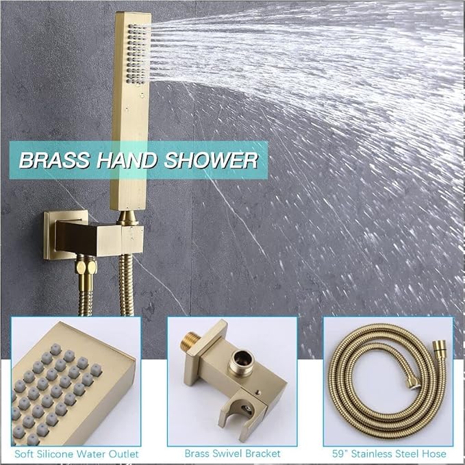 Thermostatic Brushed Gold Shower System with Tub Spout Shower Faucet Set 12 Inch Wall Mounted LED Full Body Rain Shower System with Body Jets, Handheld Spray, Brass Shower Valve
