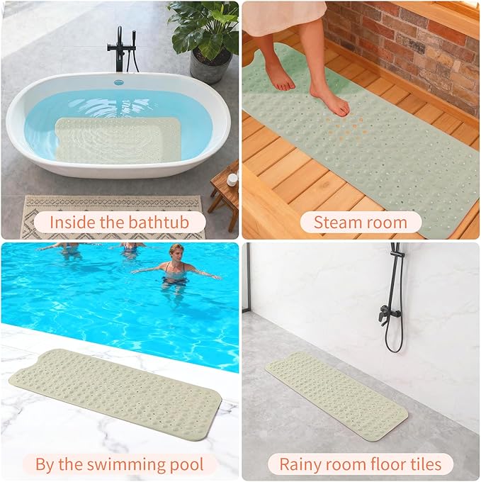 Anti-Slip Bathtub Shower mat, 39.3×15.7 inch（Approximately 100 × 40cm） Soft Oversized Machine Washable Non-Slip Bathtub mat with Drainage Holes, Bathroom Floor Suction Cup.（1-Opaque Khaki）