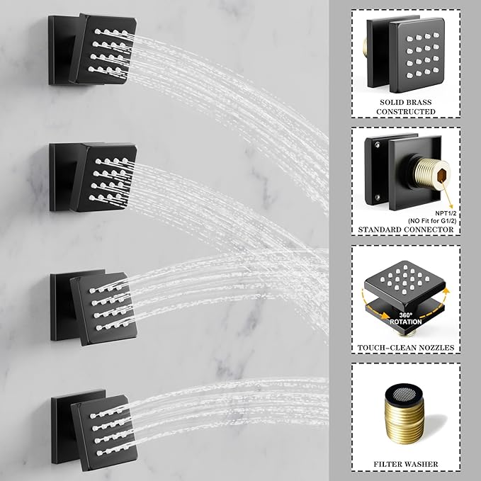 Shower System 12IN Modern Rain Brass Faucet Set With Valve and Diverter Shower Mixer With Handheld High Pressure Square Rainfall Shower Valve (12'' Wall Mount 4 Body Jet, Matte Black)