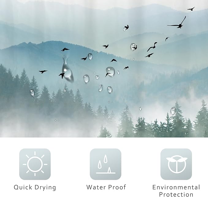 Riyidecor Green Shower Curtain 54Wx78H Inch Long Rustic Mountain Scenery Pine Tree Greenery Landscape Natural Woodland Mens Nature Bathroom Decor Fabric Polyester Waterproof 12 Pack Hooks