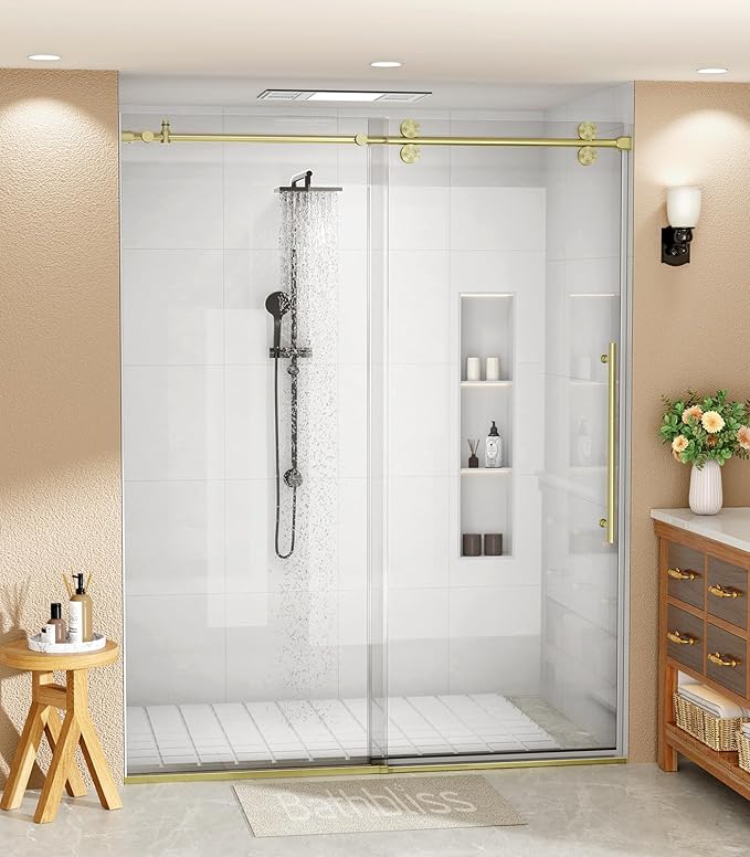 Bathbliss Glass Shower Door 56"-60" Wx76 H,Frameless Sliding Glass Door with 5/16"(8mm) Tempered Glass Shower with Brushed Gold Finish