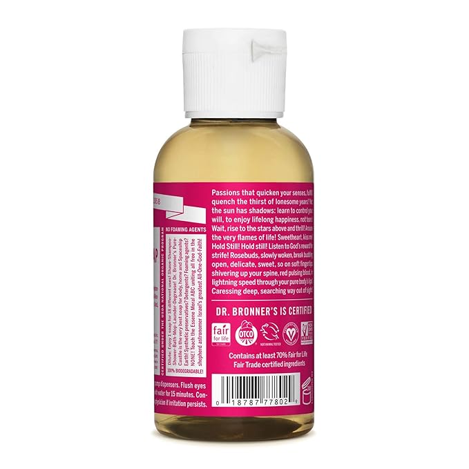 Dr. Bronner's - Pure-Castile Liquid Soap (Rose, 2 ounce) - Made with Organic Oils, 18-in-1 Uses: Face, Body, Hair, Laundry, Pets and Dishes, Concentrated, Vegan, Non-GMO