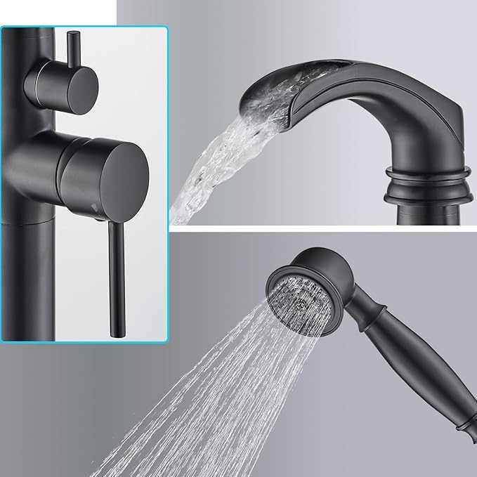 Senlesen Matte Black Bathroom Single Handle Freestanding Bathtub Faucet Floor Mounted Waterfall Tub Filler with Hand Shower Set