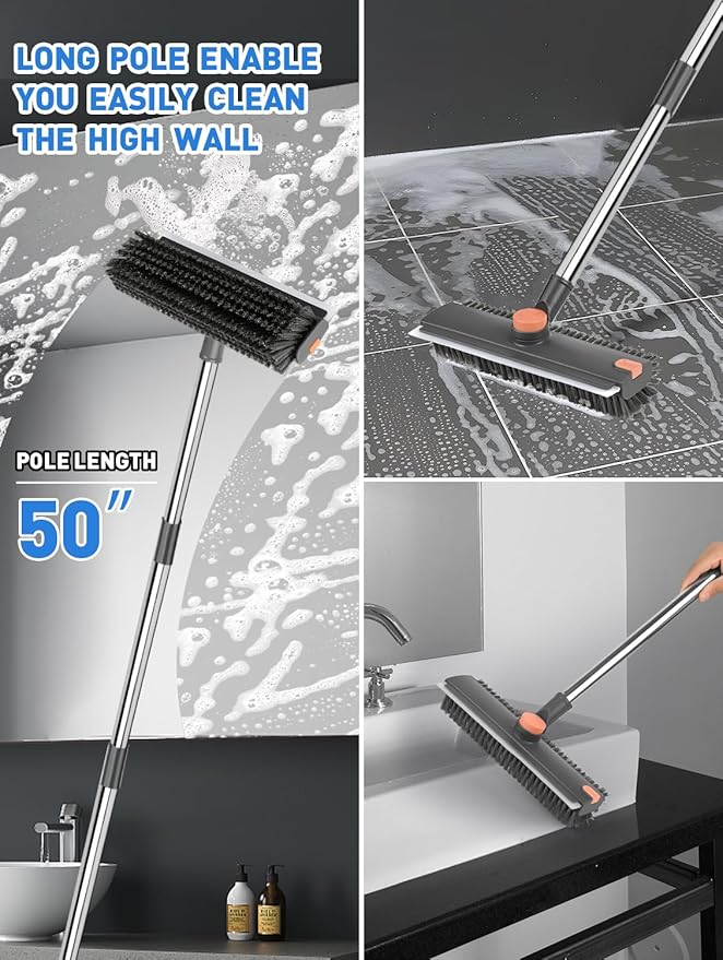 Floor Scrub Brush with Long Handle,3 in 1 Multi-Angle Heavy Duty Stiff Bristle Scrubber with Squeegee and Tweezer,Shower Brush for Cleaning Shower Bathroom,Patio,Garage, Kitchen,Deck and Wall