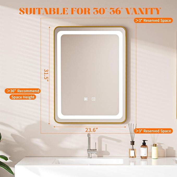 LED Bathroom Mirrors with Lights,24" x 36" Gold Square LED Mirror for Bathroom,Fogless,3 Colors Dimmable, Touch Sensor