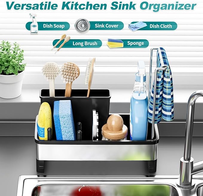 Stainless Steel Sink Caddy Organizer with Auto-Drain & Removable Brush Holders Rustproof Sponge Holder for Kitchen Sink, Countertop Storage for Soap Dispenser,Dishcloth & Kitchen Accessories