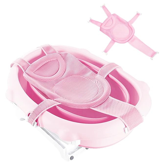 Baby Bath Seat Support Net Soft Headrest Baby Bath Cushion Pad, Breathable Newborn Infant Bathtub Shower Mesh Mat, Adjustable Shower Pad Portable Anti-Slip Bath Sling 0-18 Months, Pink (No Bathtub)