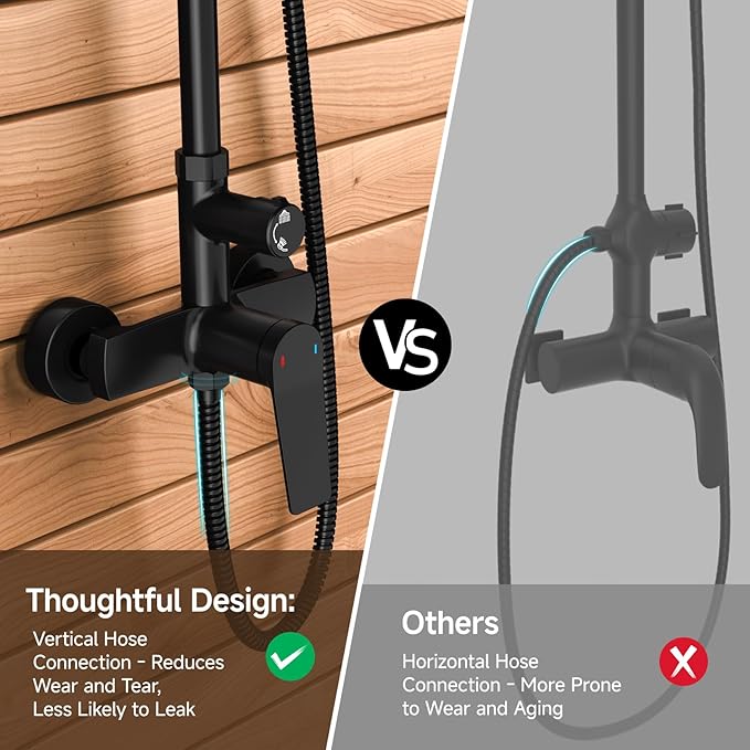 Rainsworth Outdoor Shower Kit Matte Black - Single Handle Brass Valve, 8 Inch Rain Shower Head and Handheld Spray Shower Fixture Combo, 304 Stainless Steel Wall Mount