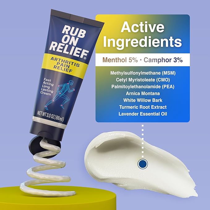 RUB ON RELIEF Topical Pain Relief Cream - Non-Greasy Joints Pain Cream for Knees, Shoulders & Back, Targeted Arthritis & Muscle Aches with Arnica, MSM, Turmeric, Aloe Vera, & Castor Oil- 3 oz (1 Pack)