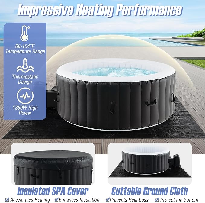 Goplus Inflatable Hot Tub, 2-4 Person Blowup Pool Hottub w/110 Air Jets, Heater Pump, Filter Cartridges, Insulated Cover, Ground Cloth, Portable Outdoor Water SPA (70’’ Round, 2-4 Person)