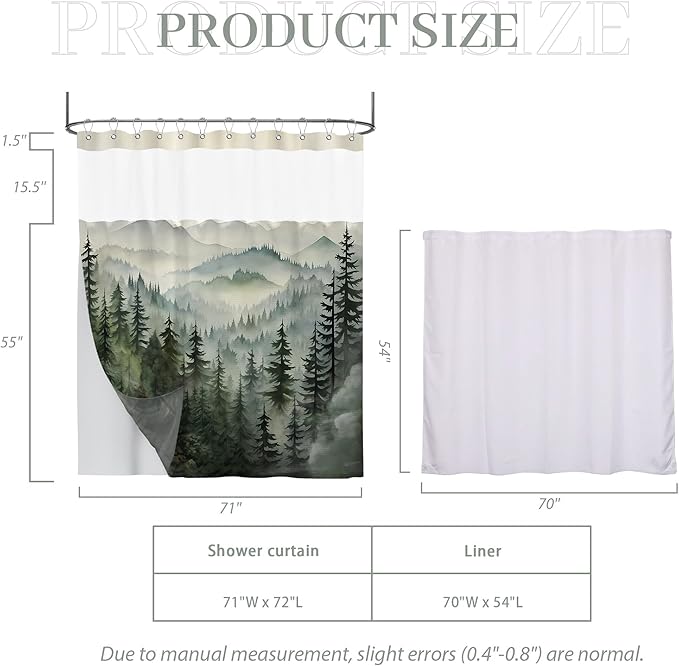 Forest See Through Mesh Top Shower Curtain with Window, Nature Mountain Double Layer Shower Curtains with Snap in Liner with Magnets, Waterproof Cloth Fabric with Hooks, 71" W x 72" L