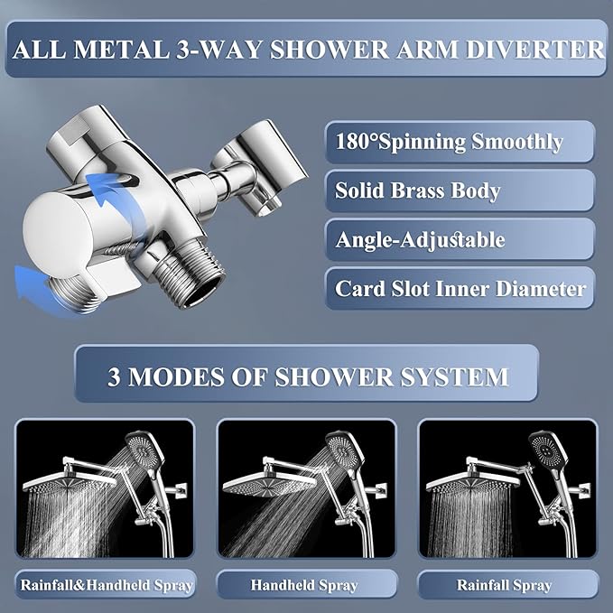 12 Inch Rain Shower Head with Handheld Spray Combo and Extention Arm, High Pressure Rainfall Waterfall Shower Heads, Dual Showerhead with 3-Way Diverter - Height/Angle Adjustable(Chrome)