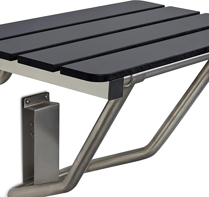 28-inch x 15-inch ADA Folding Wall Mount Bathroom Shower Seat Bench, Black Slatted Phenolic Seat