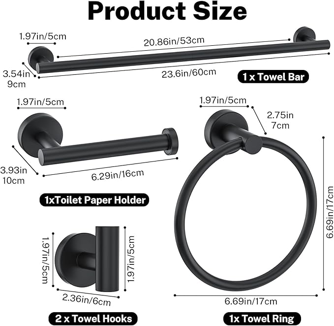 Matte Black Towel Bar Set 5-Piece Bathroom Hardware Accessories Set Includes 23.6in Towel Bar-Round Towel Ring-Toilet Paper Holder-Towel Hooks Stainless Steel Wall Mount Bathroom Towel Holder Set