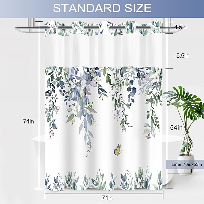 No Hook Shower Curtain and Liner Set, Green Eucalyptus Floral Shower Curtains for Bathroom, Bath Curtain Sets with Snap in Liner, Waterproof with See Through Top Window, 71x74 Inches