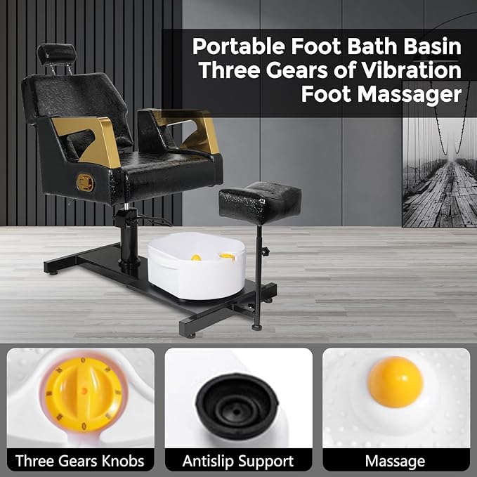 Pedicure Chair with Stool & Massage Foot Bath, 360° Swivel Pedicure Station Hydraulic Adjustable Height No Plumbing for Foot Spa Black