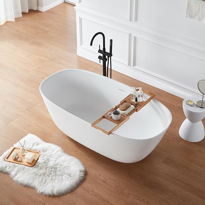 Cpingao (63"Lx31.5"Wx22"T) Stone Resin Solid Surface Freestanding Bathtub, Modern Elegant Design Soaking Stand Alone Tub, Matte White, Chrome Drain and Overflow Included 8823A