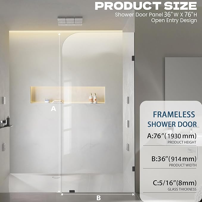 Frameless Shower Door, 36" W ×76" H Fixed Shower Glass Panel with Clamps, 5/16"(8mm) Glass Shower Doors, Clear Tempered Bathroom Shower Screen in Matte Black