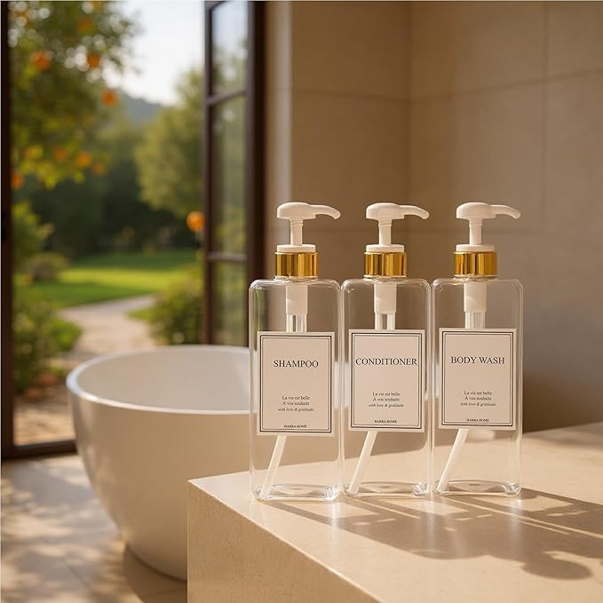 Modern Gold Design Shampoo and Conditioner Dispenser, Large 27oz Shower Soap Dispenser, Set of 3 Refillable Empty Plastic Pump Bottles for Bathroom, 6 Waterproof Labels Included, (Clear & White)