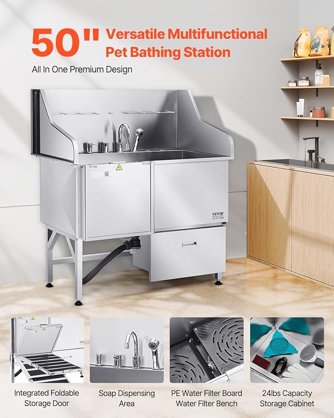VEVOR Dog Bath Tub, Professional 50 Inch 304 Stainless Steel Dog Washing Station Anti-Slip Ramp & Storage Drawer, Hot Cold Water Faucet and Showerhead for Large Medium Small Dogs (Left Door)